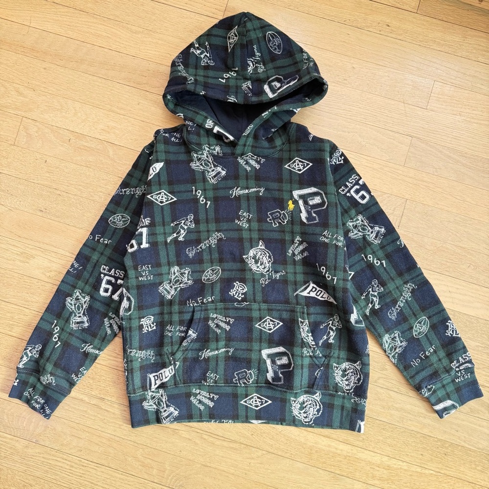 Polo Ralph Lauren Kids Large 14-16 Hoodie Green Navy Plaid Varsity AllOver Print